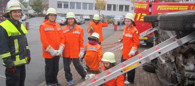 Die Feuerwehr-AG des Geschwister-Scholl-Gymnasium Daun trifft sich in der Schulzeit immer Donnerstags um 17:30 Uhr. Hier werden sie von Rene Schäfer in Technischer Hilfe ausgebildet.